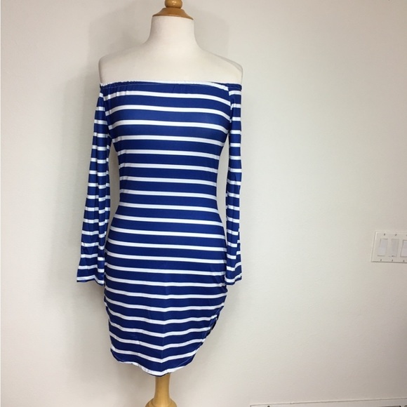 NWOT New Amazon Blue White Elastic Off Shoulder Mini Dress Size Small Coastal - Picture 1 of 14